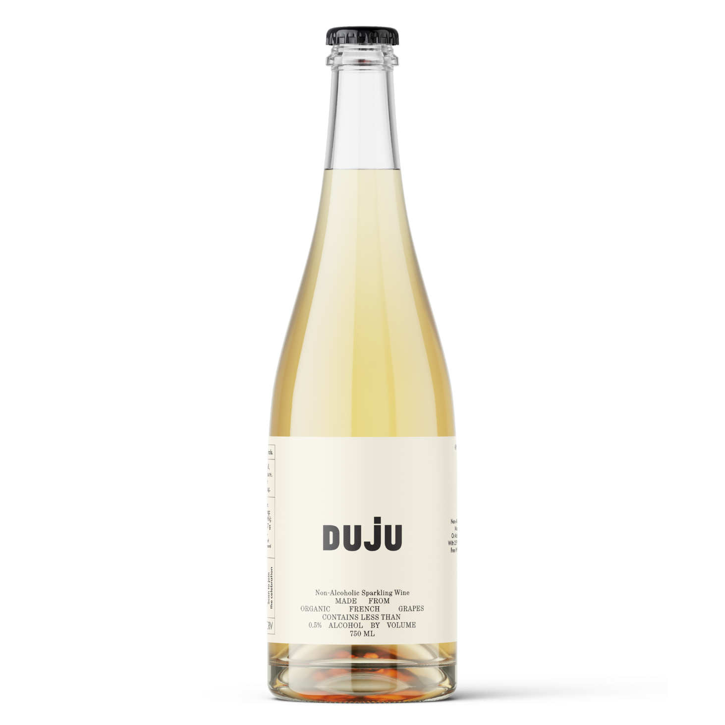 Bottle of DUJU non-alcoholic sparkling wine on a white background